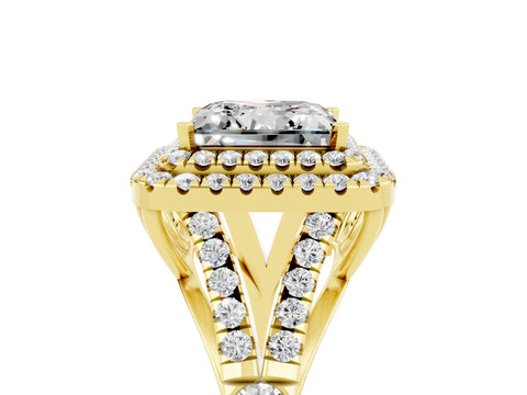 Yellow gold Double Halo Princess Cut Moissanite Pavé Split Shank Ring with Prong Setting_5