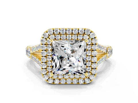 Yellow gold Double Halo Princess Cut Moissanite Pavé Split Shank Ring with Prong Setting