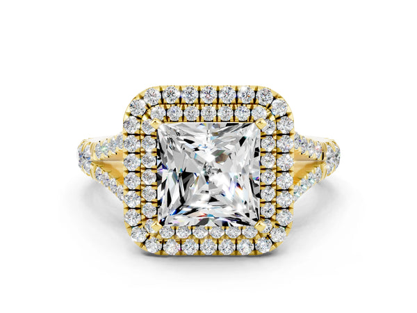 Yellow gold Double Halo Princess Cut Moissanite Split Shank Engagement Ring with Four-Prong Setting