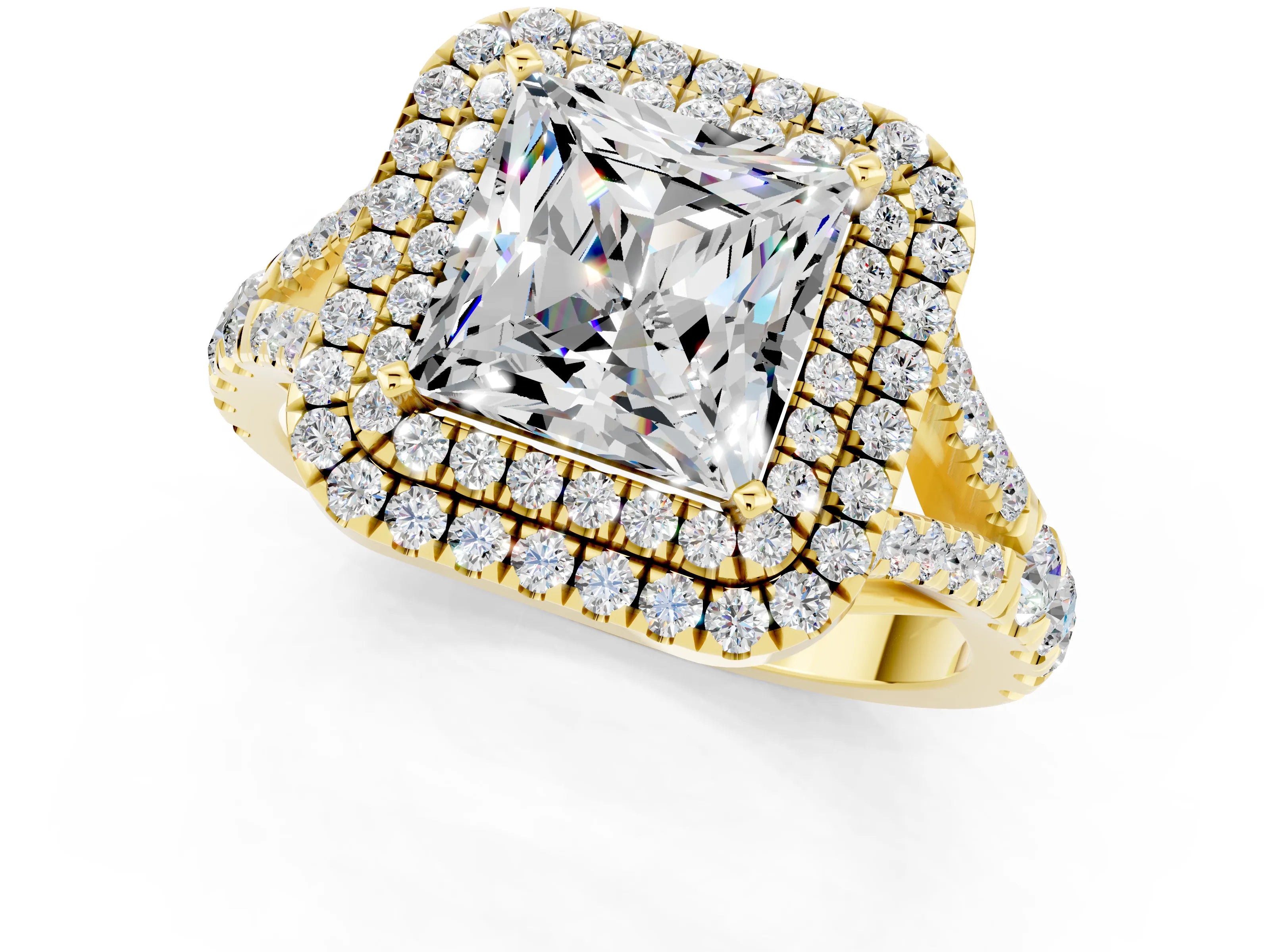 Yellow gold Double Halo Princess Cut Moissanite Split Shank Engagement Ring with Four-Prong Setting_1