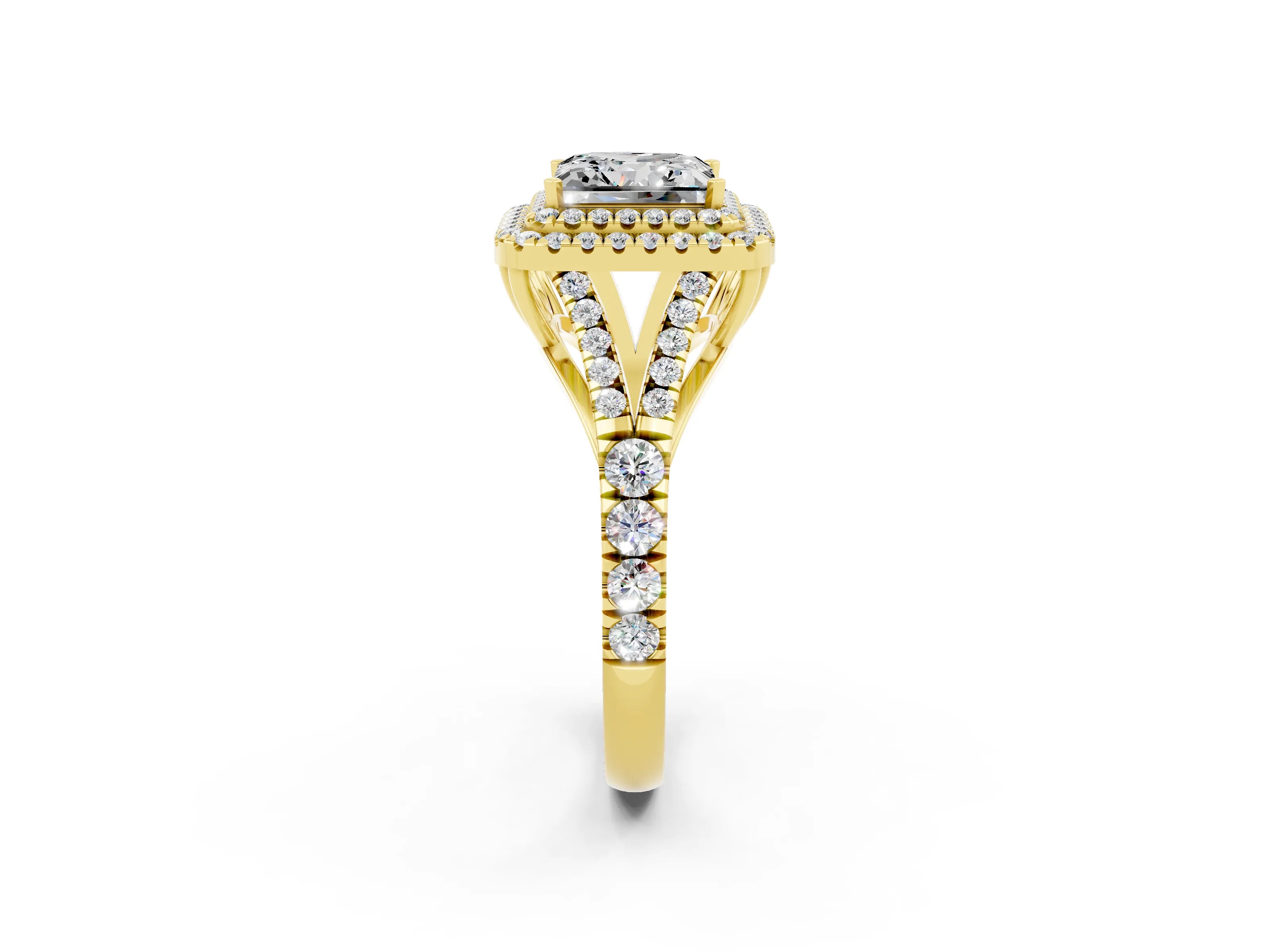 Yellow gold Double Halo Princess Cut Moissanite Split Shank Engagement Ring with Four-Prong Setting_2