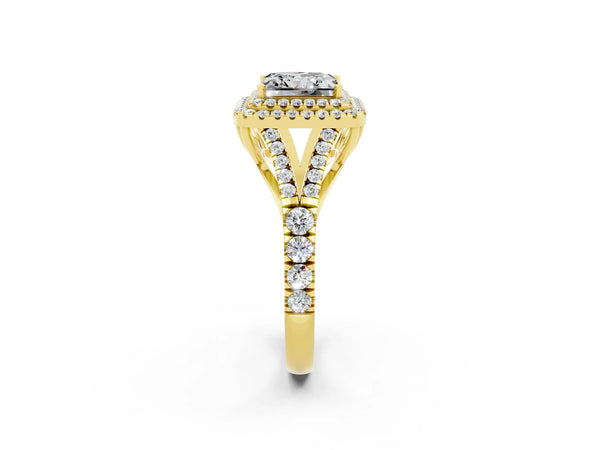 Yellow gold Double Halo Princess Cut Moissanite Split Shank Engagement Ring with Four-Prong Setting