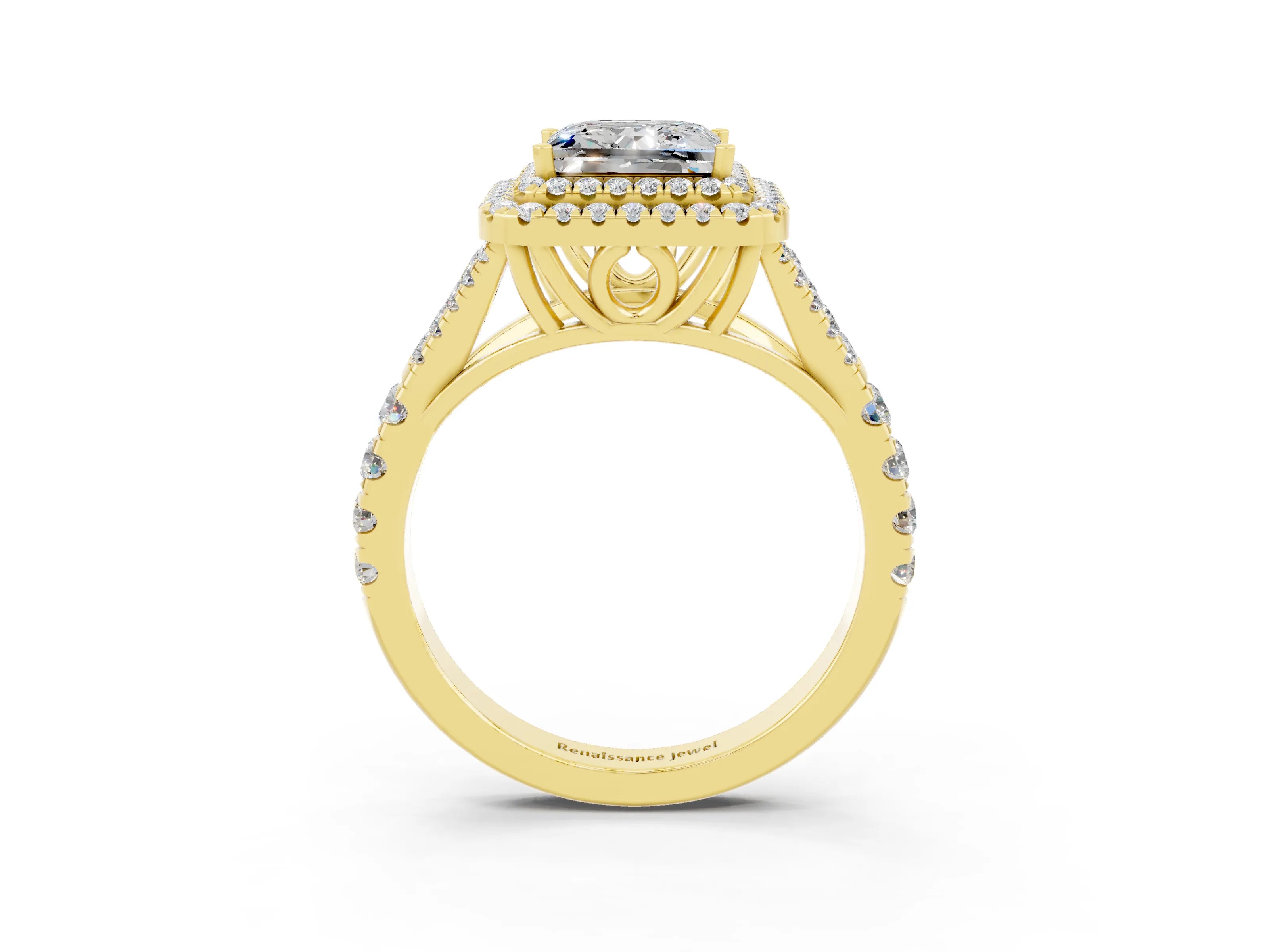 Yellow gold Double Halo Princess Cut Moissanite Split Shank Engagement Ring with Four-Prong Setting_3