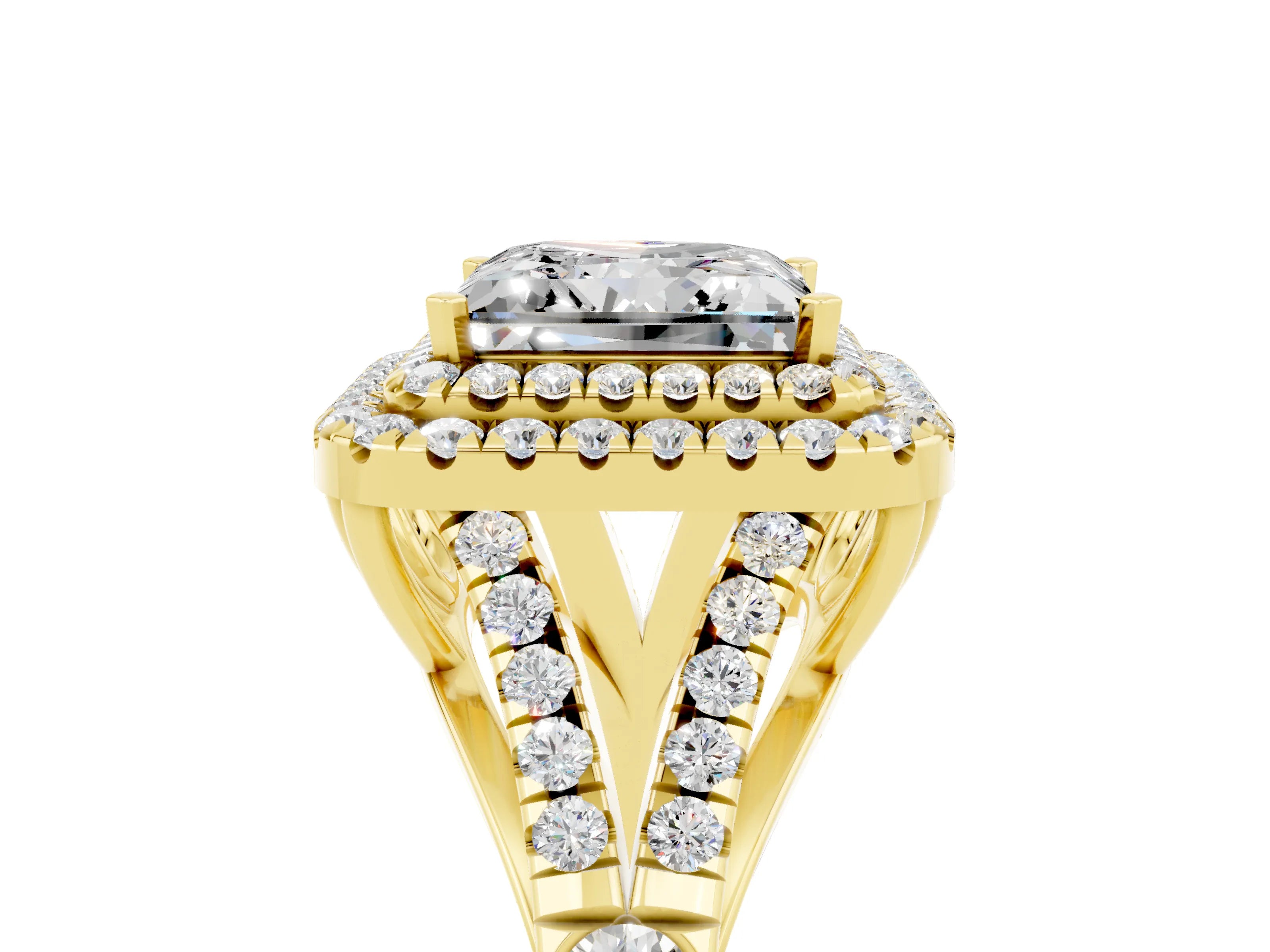 Yellow gold Double Halo Princess Cut Moissanite Split Shank Engagement Ring with Four-Prong Setting_5