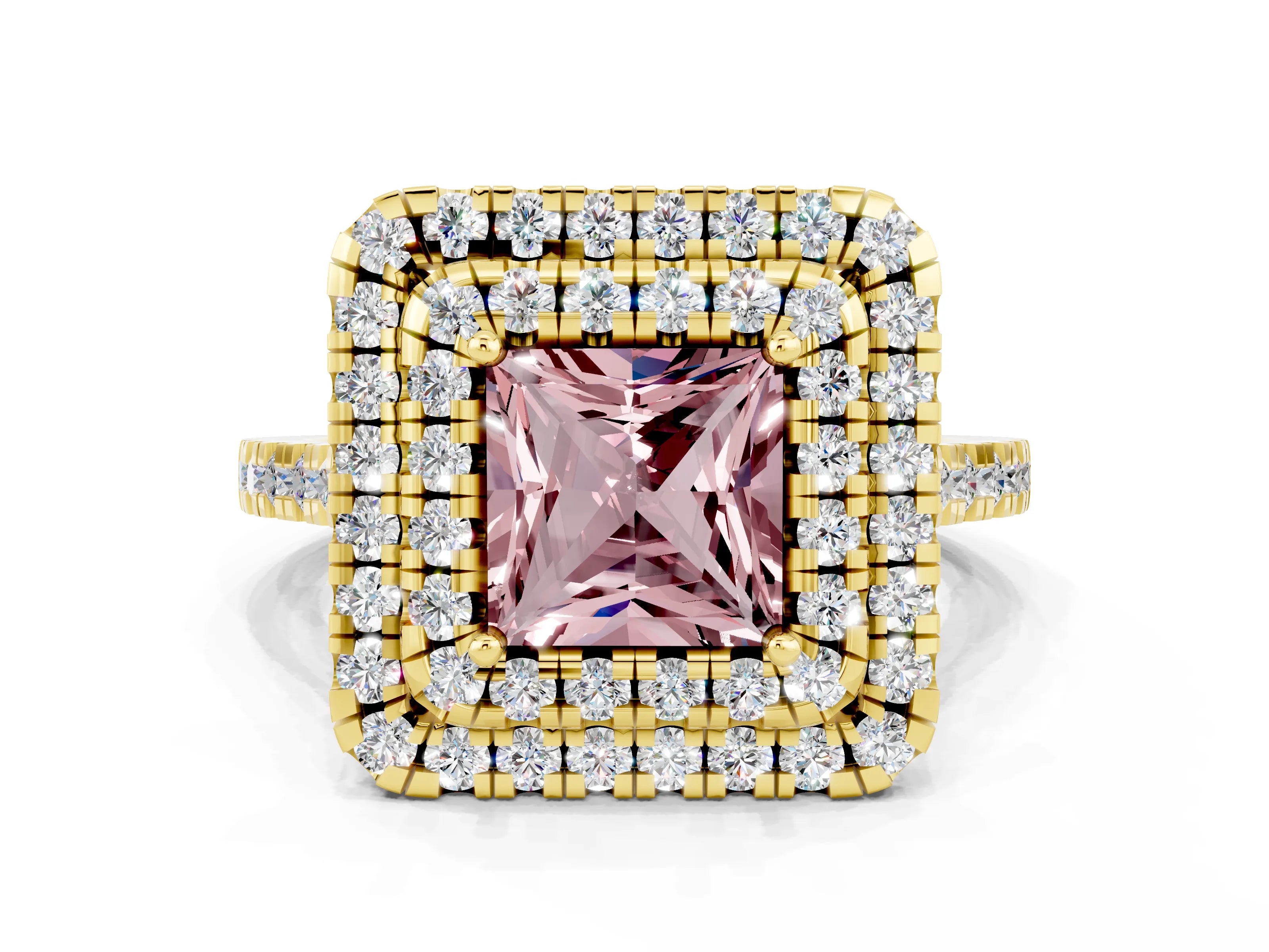Yellow gold Double Halo Princess Cut Morganite Pavé Band with Four-Prong Setting