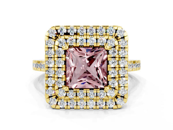 Yellow gold Double Halo Princess Cut Morganite Pavé Band with Four-Prong Setting