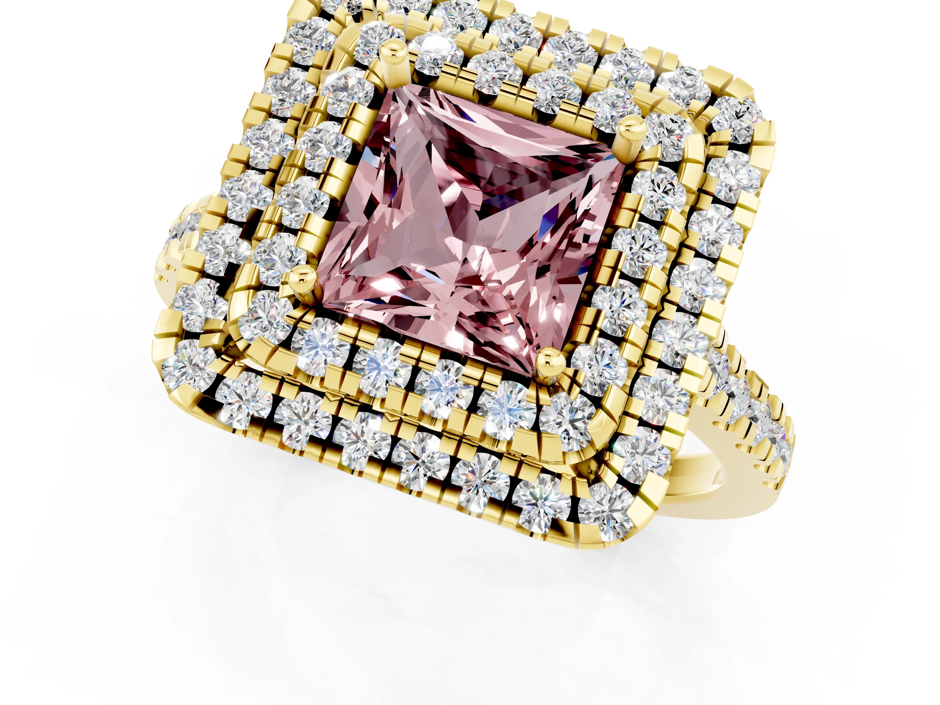 Yellow gold Double Halo Princess Cut Morganite Pavé Band with Four-Prong Setting_1