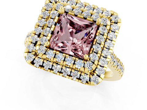 Yellow gold Double Halo Princess Cut Morganite Pavé Band with Four-Prong Setting_1