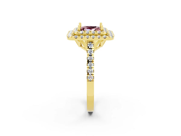 Yellow gold Double Halo Princess Cut Morganite Pavé Band with Four-Prong Setting