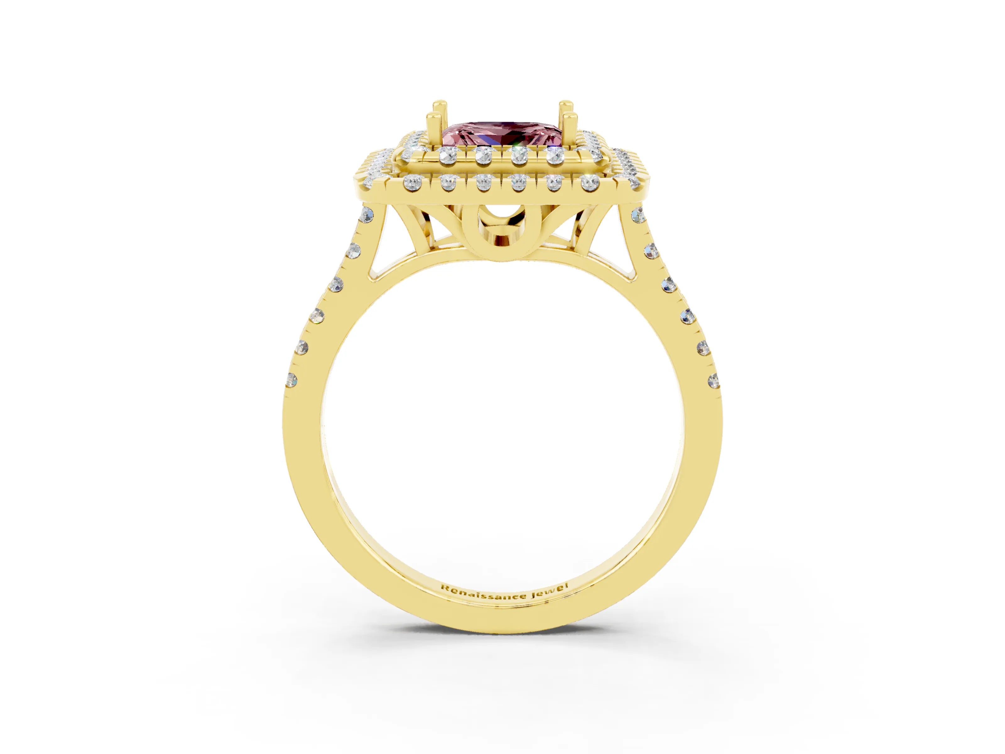 Yellow gold Double Halo Princess Cut Morganite Pavé Band with Four-Prong Setting_3