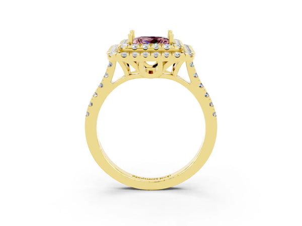 Yellow gold Double Halo Princess Cut Morganite Pavé Band with Four-Prong Setting