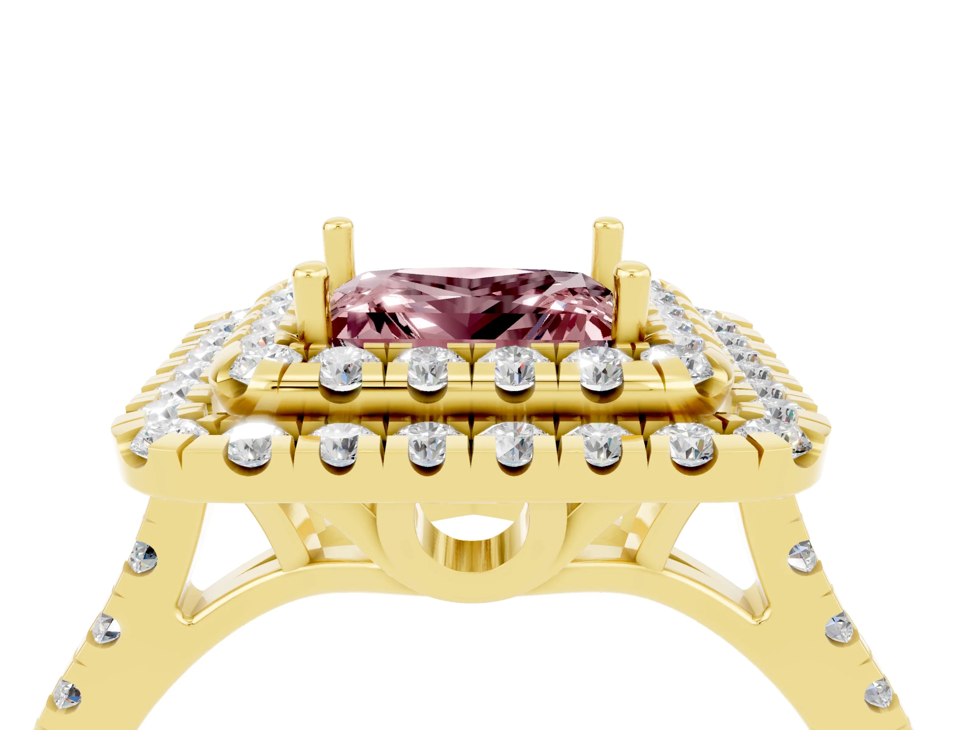 Yellow gold Double Halo Princess Cut Morganite Pavé Band with Four-Prong Setting_4