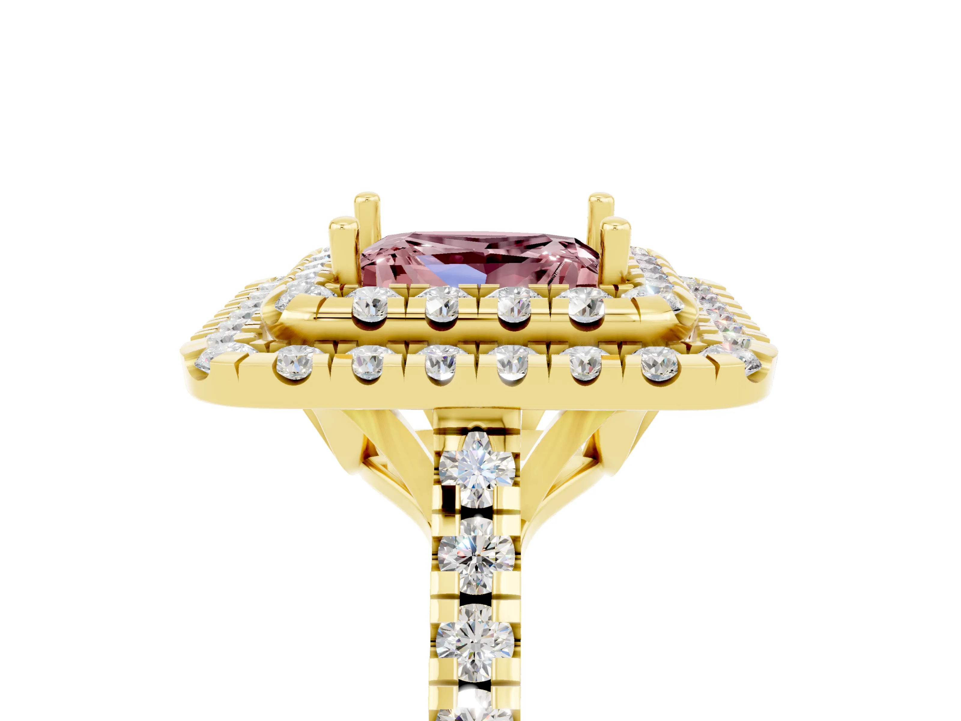 Yellow gold Double Halo Princess Cut Morganite Pavé Band with Four-Prong Setting_5