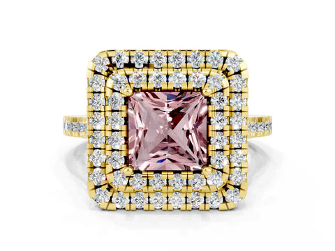 Yellow gold Double Halo Princess Cut Morganite Pavé Band with Four-Prong Setting