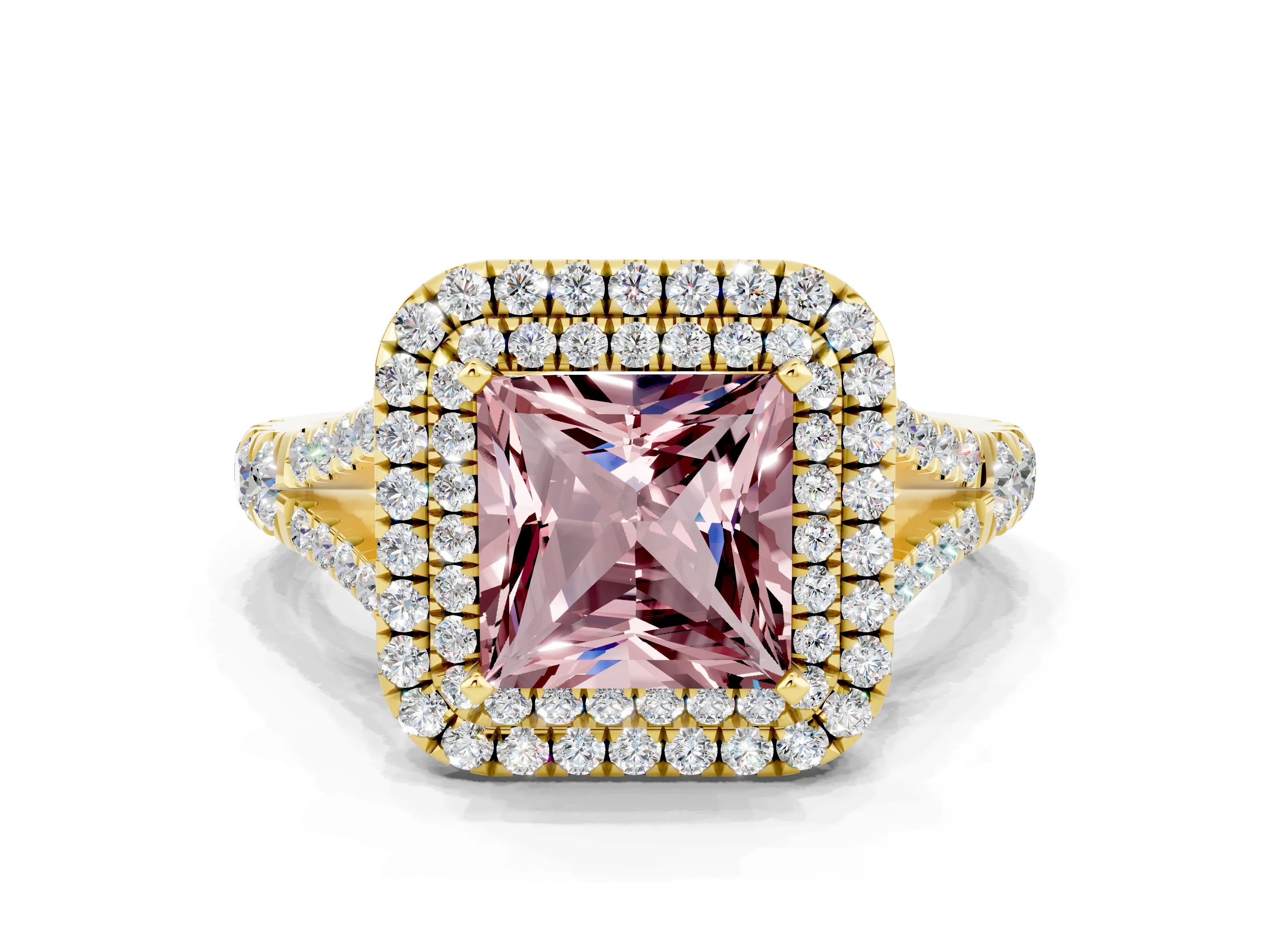 Yellow gold Double Halo Princess Cut Morganite Pavé Split Shank Ring with Prong Setting