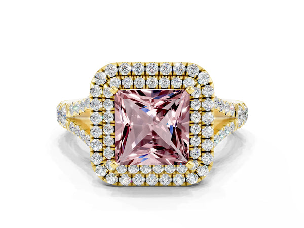 Yellow gold Double Halo Princess Cut Morganite Pavé Split Shank Ring with Prong Setting