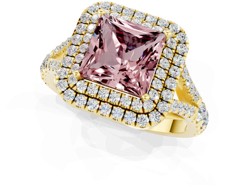 Yellow gold Double Halo Princess Cut Morganite Pavé Split Shank Ring with Prong Setting_1