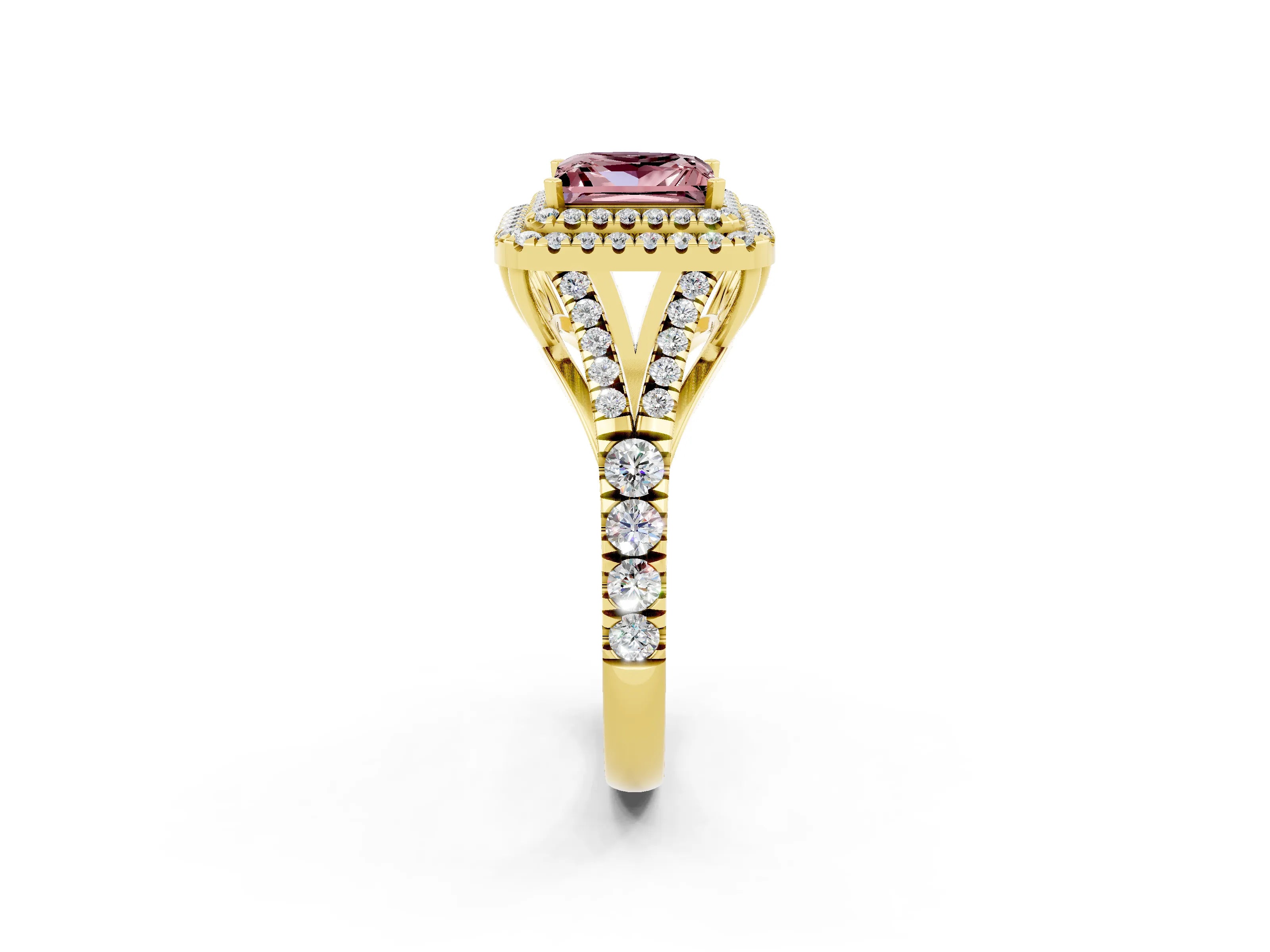 Yellow gold Double Halo Princess Cut Morganite Pavé Split Shank Ring with Prong Setting_2