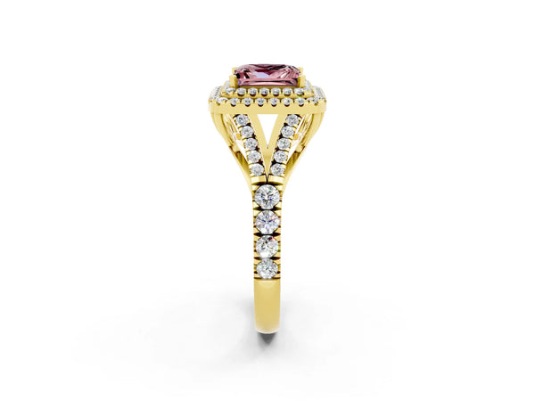 Yellow gold Double Halo Princess Cut Morganite Pavé Split Shank Ring with Prong Setting