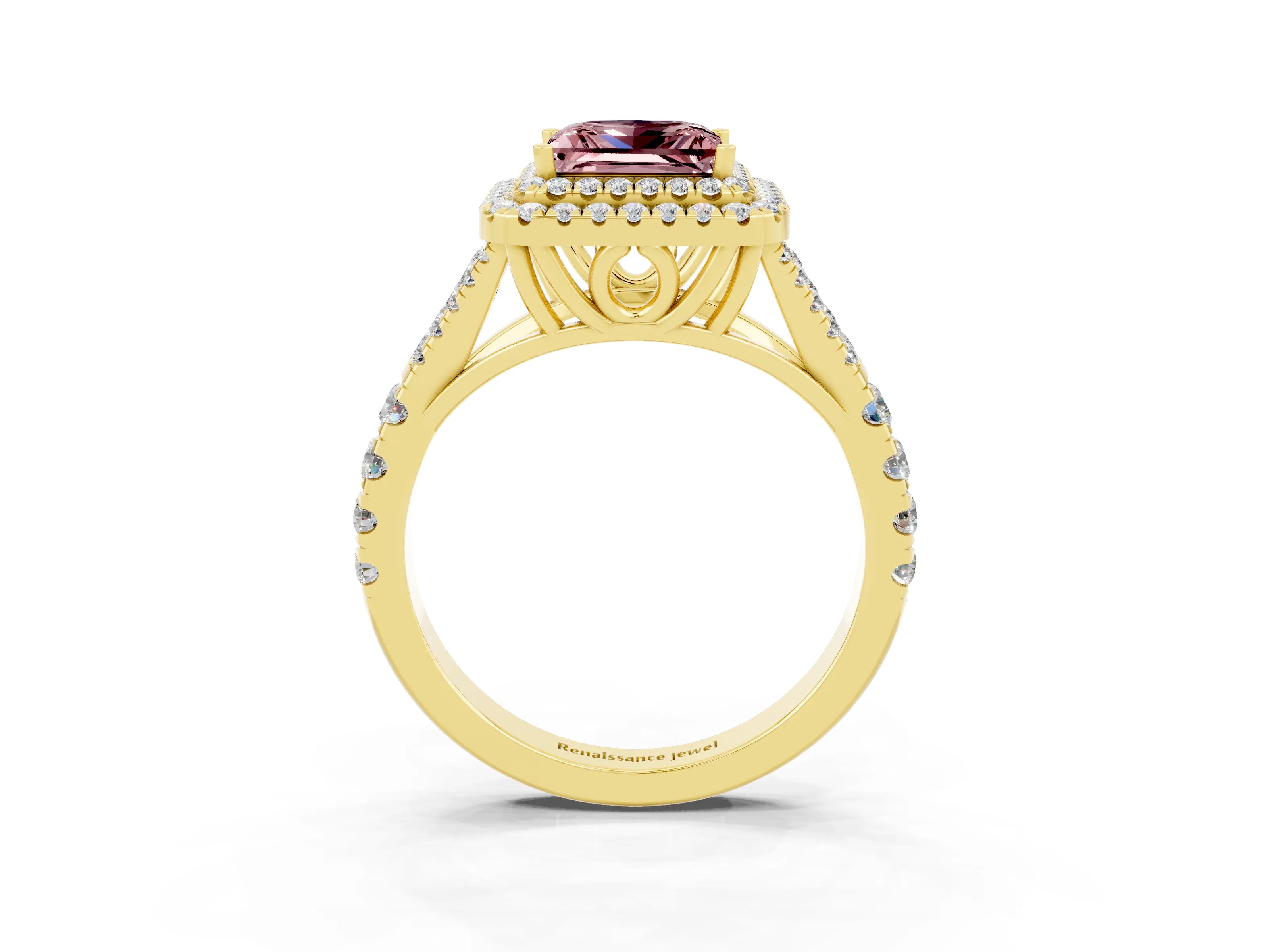 Yellow gold Double Halo Princess Cut Morganite Pavé Split Shank Ring with Prong Setting_3