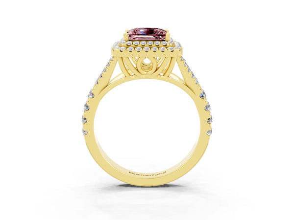 Yellow gold Double Halo Princess Cut Morganite Pavé Split Shank Ring with Prong Setting