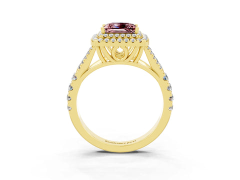 Yellow gold Double Halo Princess Cut Morganite Pavé Split Shank Ring with Prong Setting_3