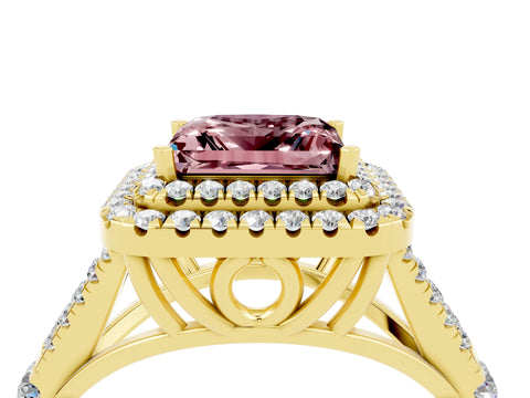 Yellow gold Double Halo Princess Cut Morganite Pavé Split Shank Ring with Prong Setting_4