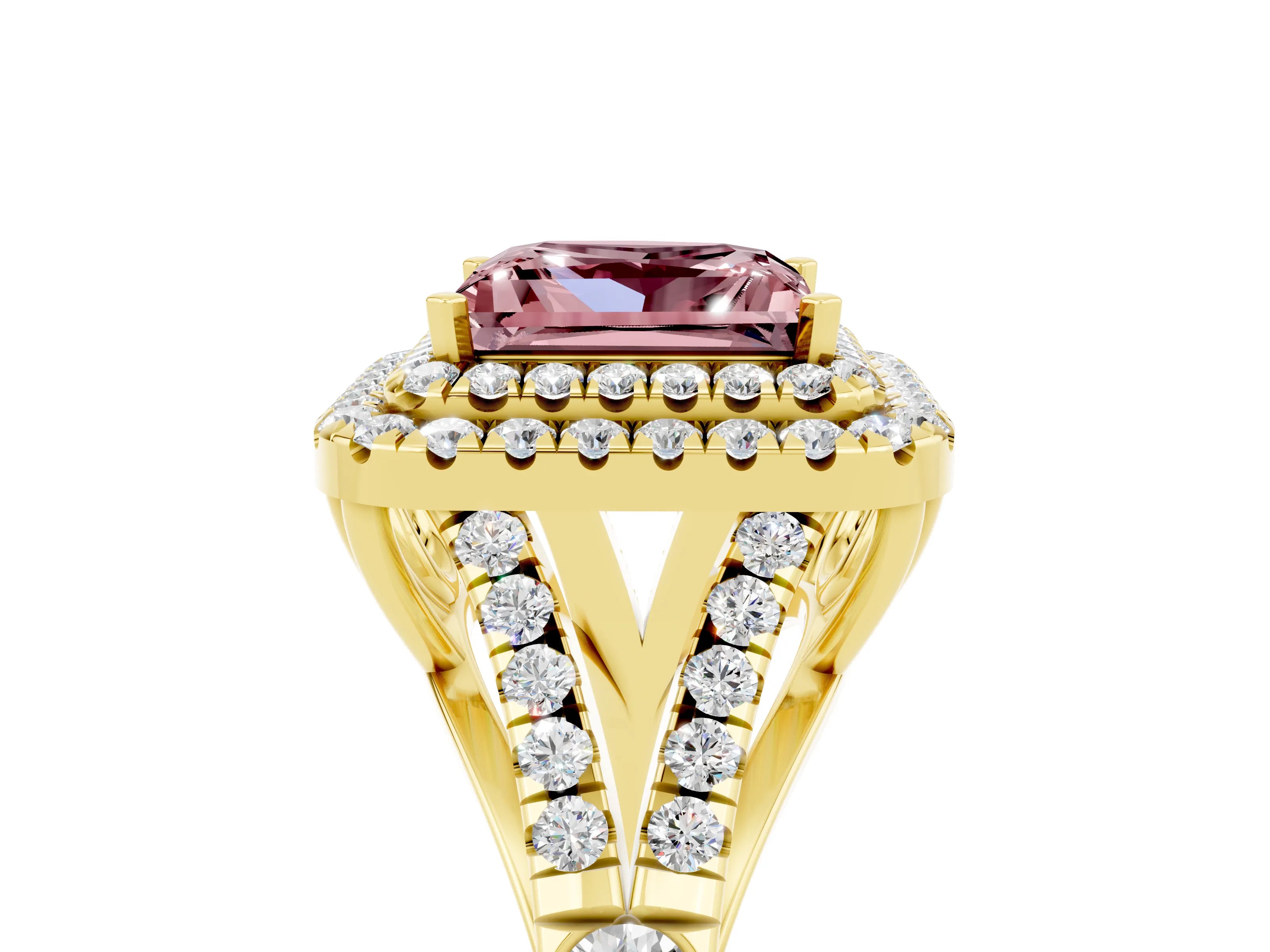 Yellow gold Double Halo Princess Cut Morganite Pavé Split Shank Ring with Prong Setting_5