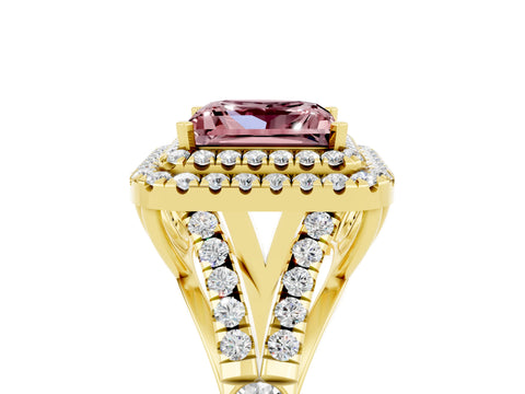 Yellow gold Double Halo Princess Cut Morganite Pavé Split Shank Ring with Prong Setting_5
