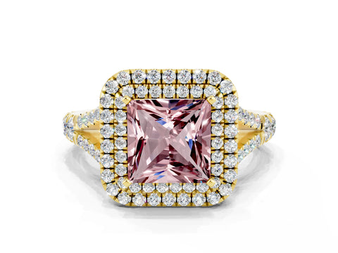 Yellow gold Double Halo Princess Cut Morganite Pavé Split Shank Ring with Prong Setting