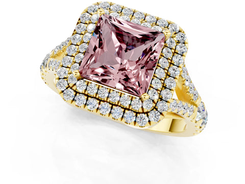 Yellow gold Double Halo Princess Cut Morganite Split Shank Engagement Ring with Four-Prong Setting_1
