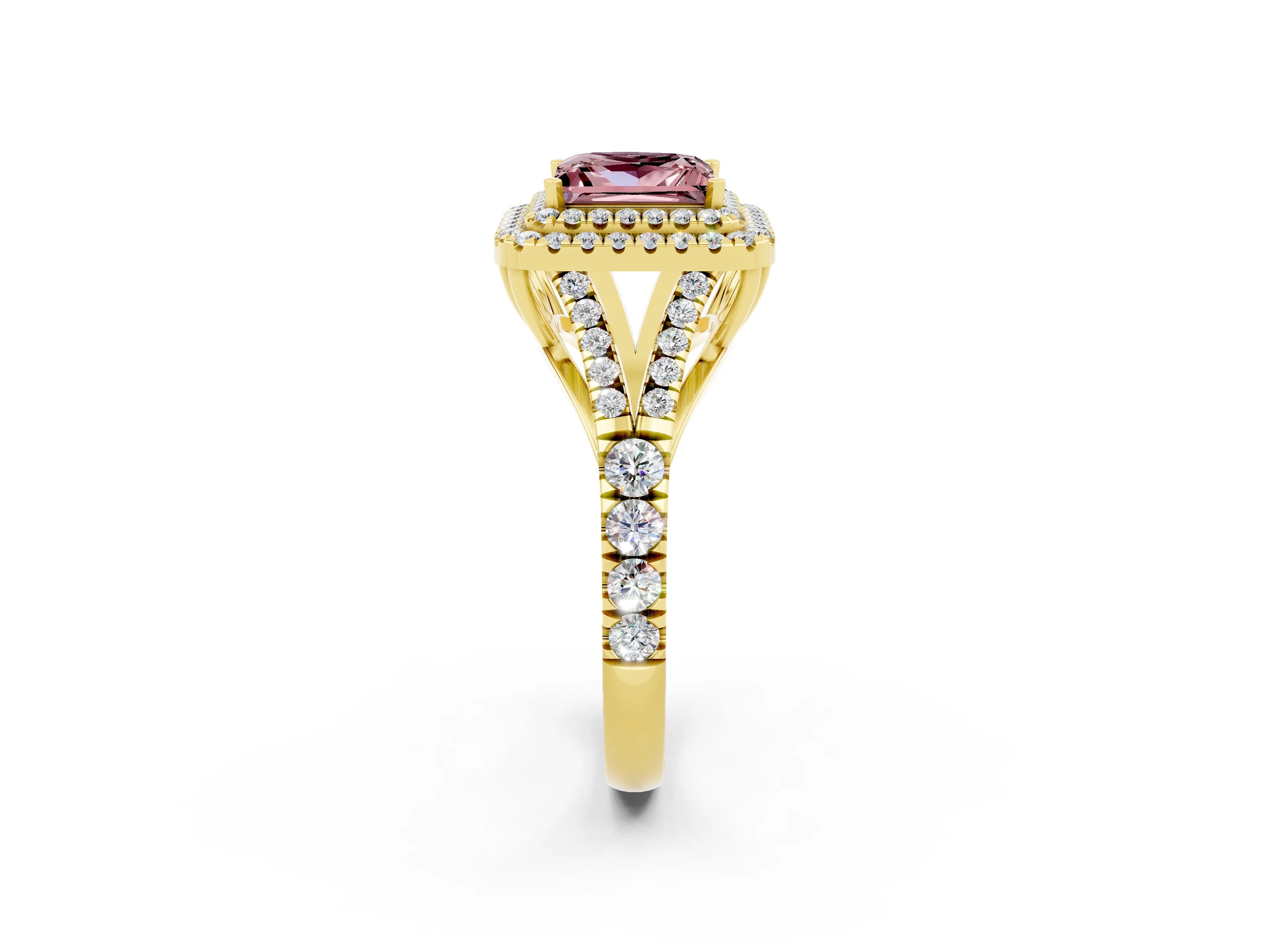 Yellow gold Double Halo Princess Cut Morganite Split Shank Engagement Ring with Four-Prong Setting_2