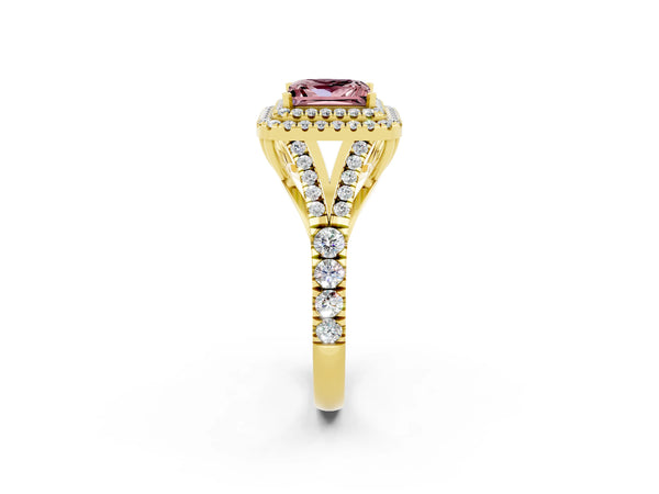 Yellow gold Double Halo Princess Cut Morganite Split Shank Engagement Ring with Four-Prong Setting