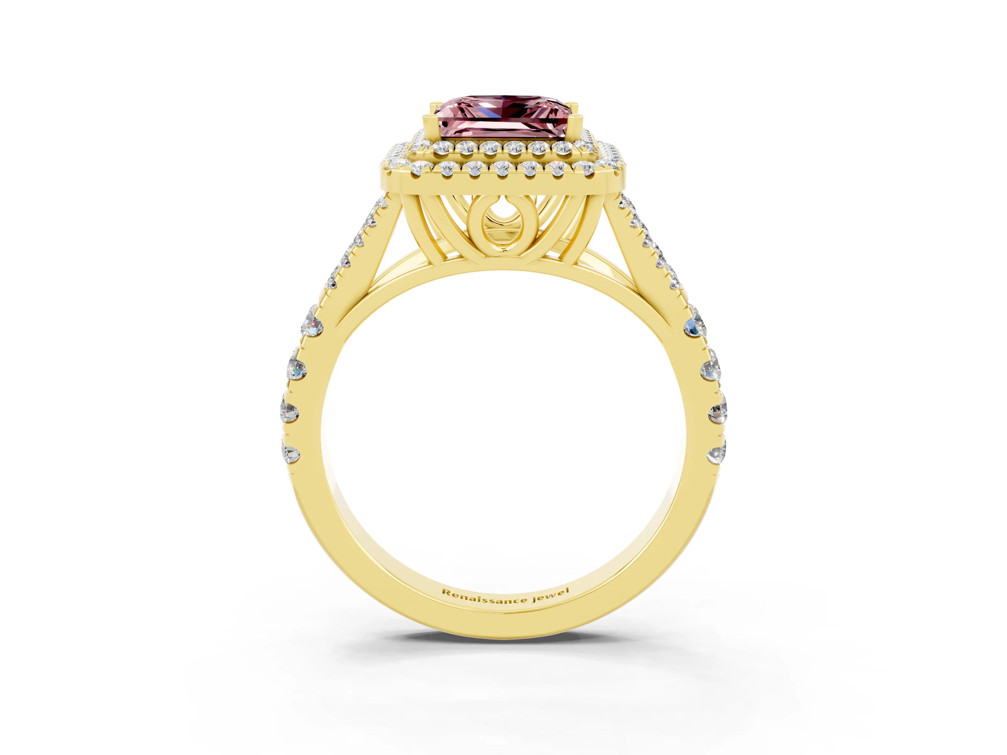 Yellow gold Double Halo Princess Cut Morganite Split Shank Engagement Ring with Four-Prong Setting_3