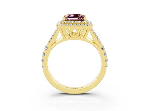 Yellow gold Double Halo Princess Cut Morganite Split Shank Engagement Ring with Four-Prong Setting