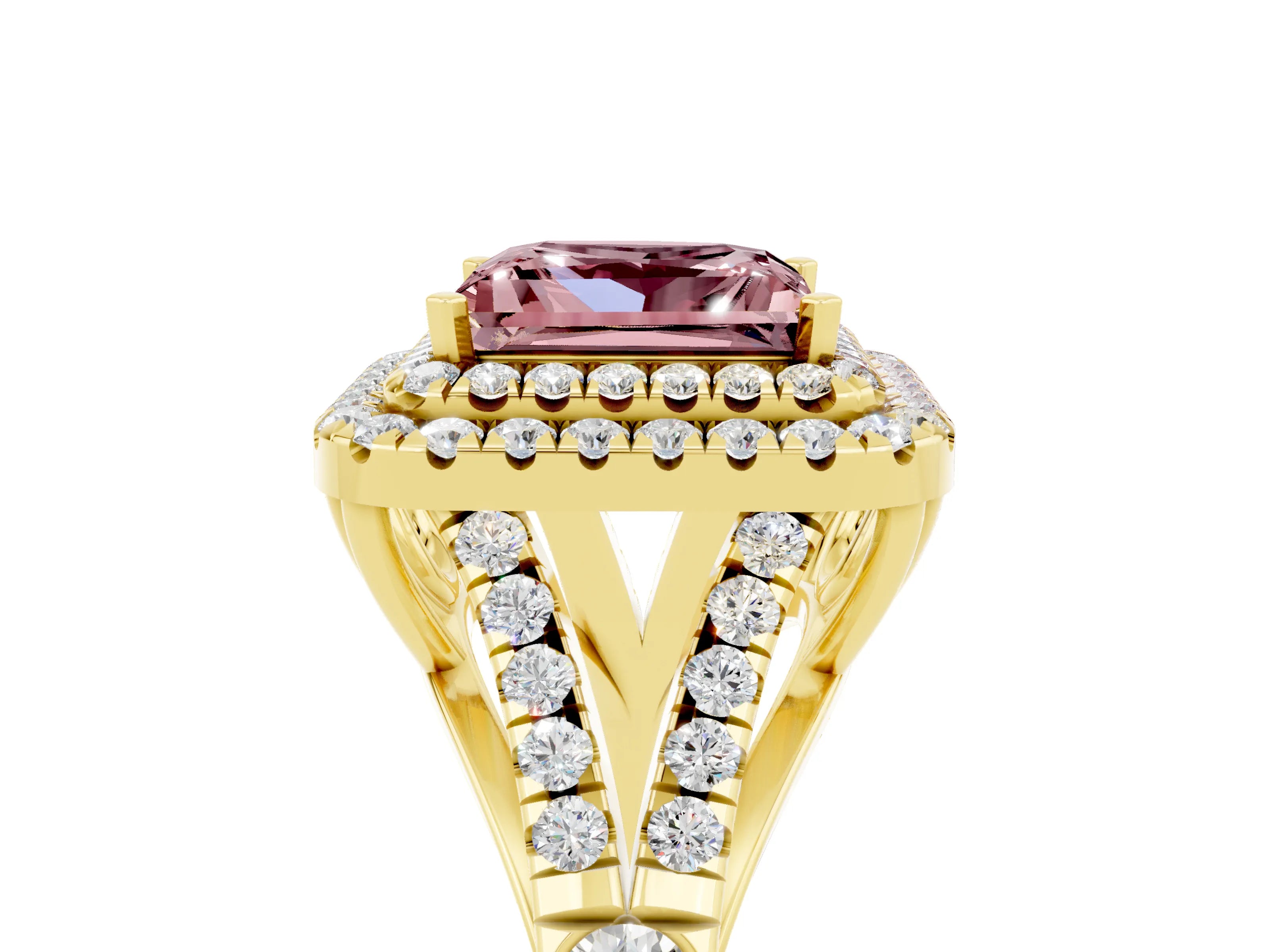 Yellow gold Double Halo Princess Cut Morganite Split Shank Engagement Ring with Four-Prong Setting_5