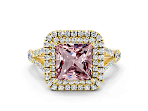 Yellow gold Double Halo Princess Cut Morganite Split Shank Engagement Ring with Four-Prong Setting