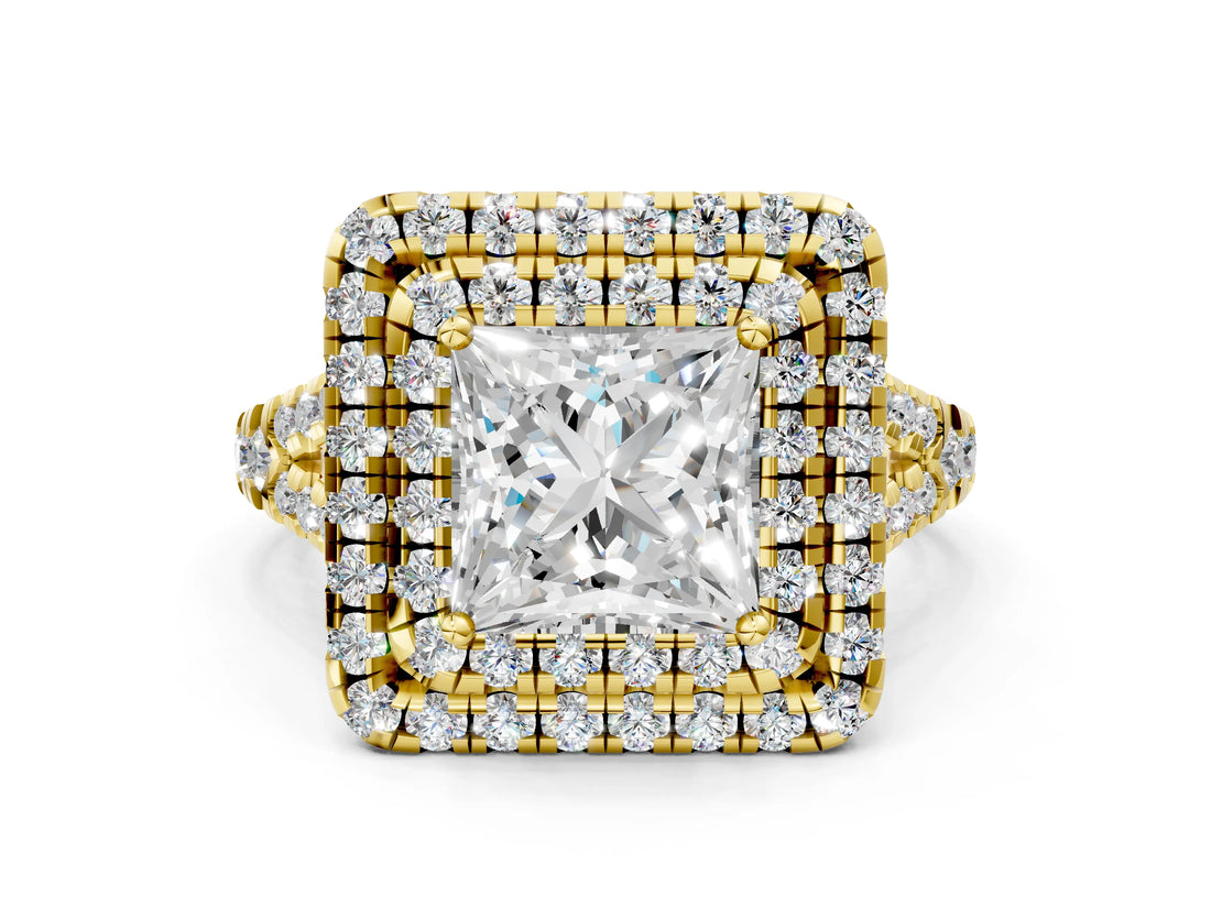 Yellow gold Double Halo Princess Cut Pave Split Shank Prong Set Ring_15