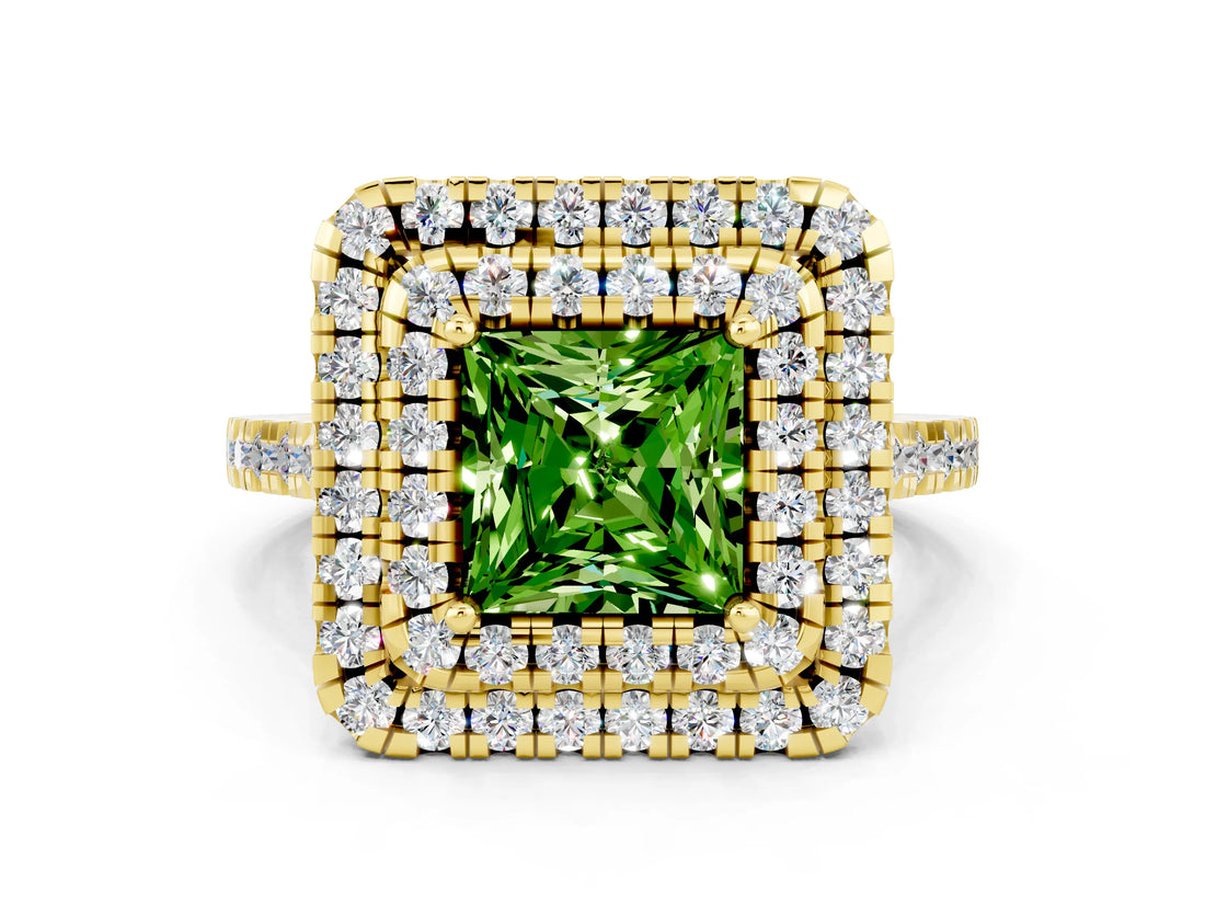 Yellow gold Double Halo Princess Cut Peridot Pavé Band with Four-Prong Setting