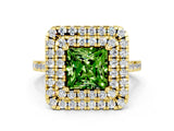 Yellow gold Double Halo Princess Cut Peridot Pavé Band with Four-Prong Setting