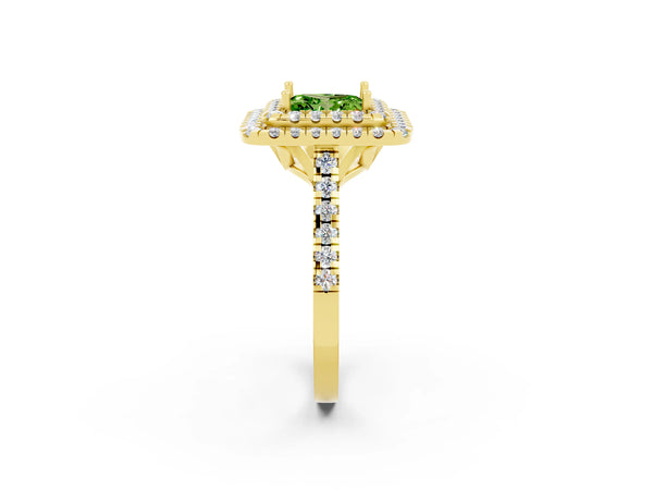 Yellow gold Double Halo Princess Cut Peridot Pavé Band with Four-Prong Setting