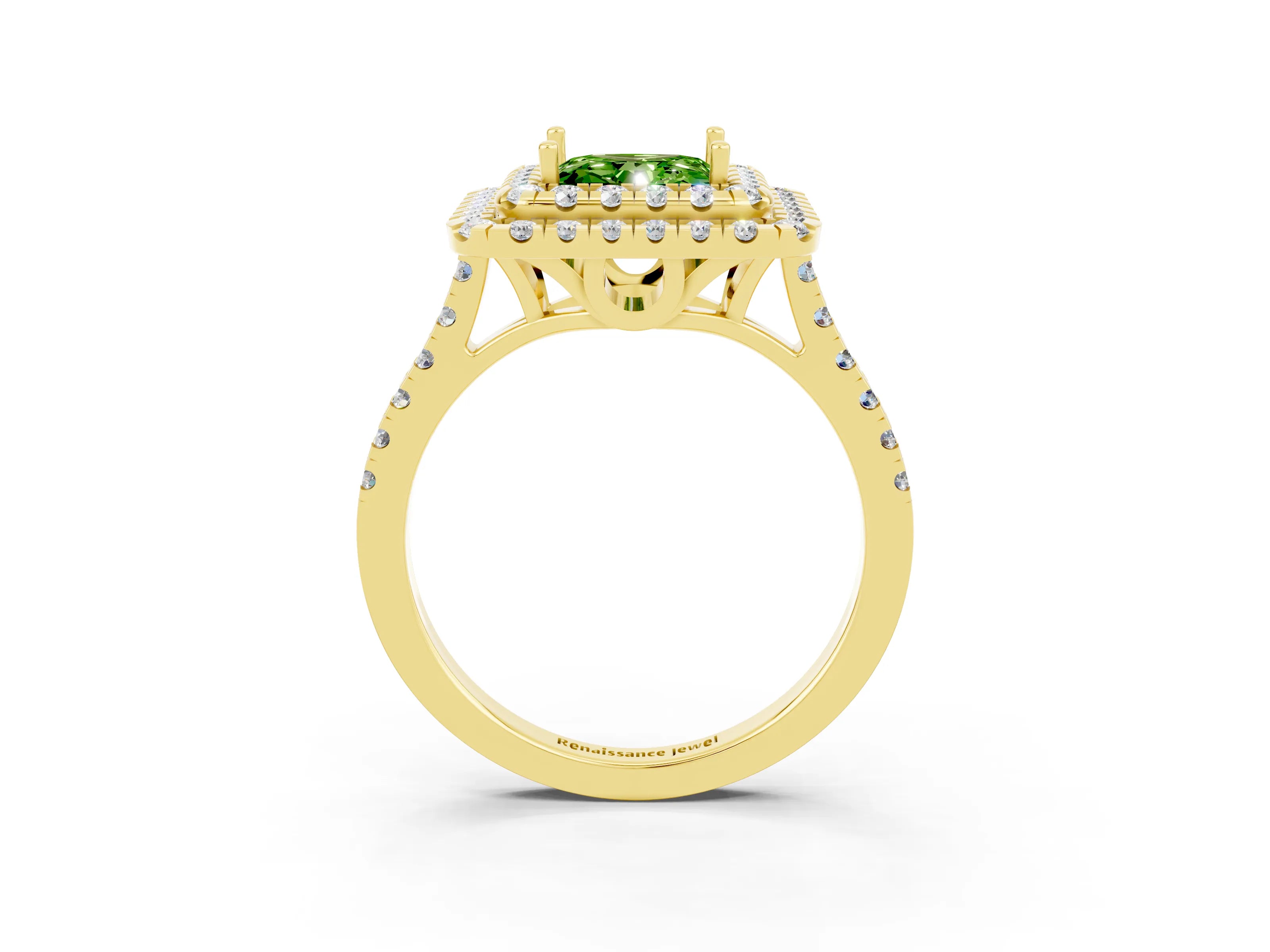Yellow gold Double Halo Princess Cut Peridot Pavé Band with Four-Prong Setting_3