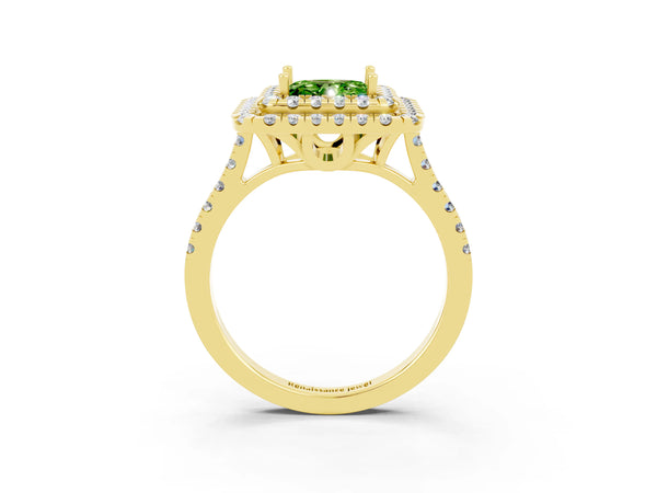 Yellow gold Double Halo Princess Cut Peridot Pavé Band with Four-Prong Setting
