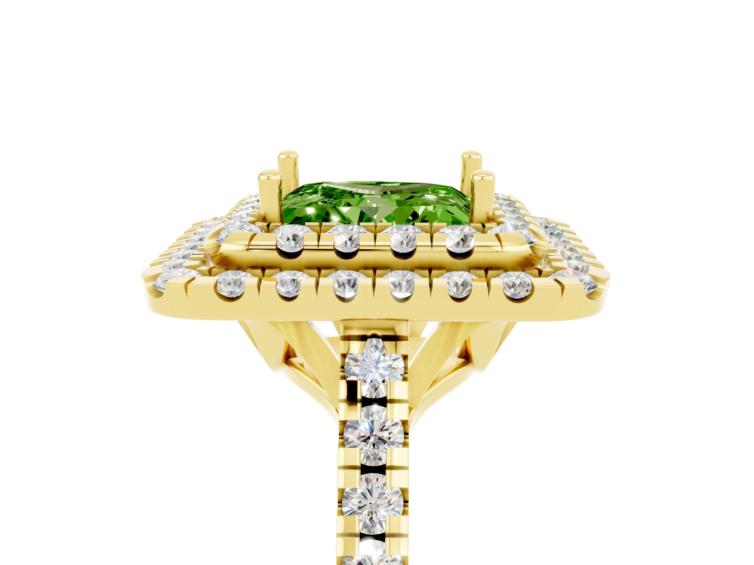 Yellow gold Double Halo Princess Cut Peridot Pavé Band with Four-Prong Setting_5