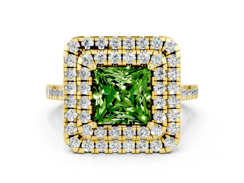 Yellow gold Double Halo Princess Cut Peridot Pavé Band with Four-Prong Setting