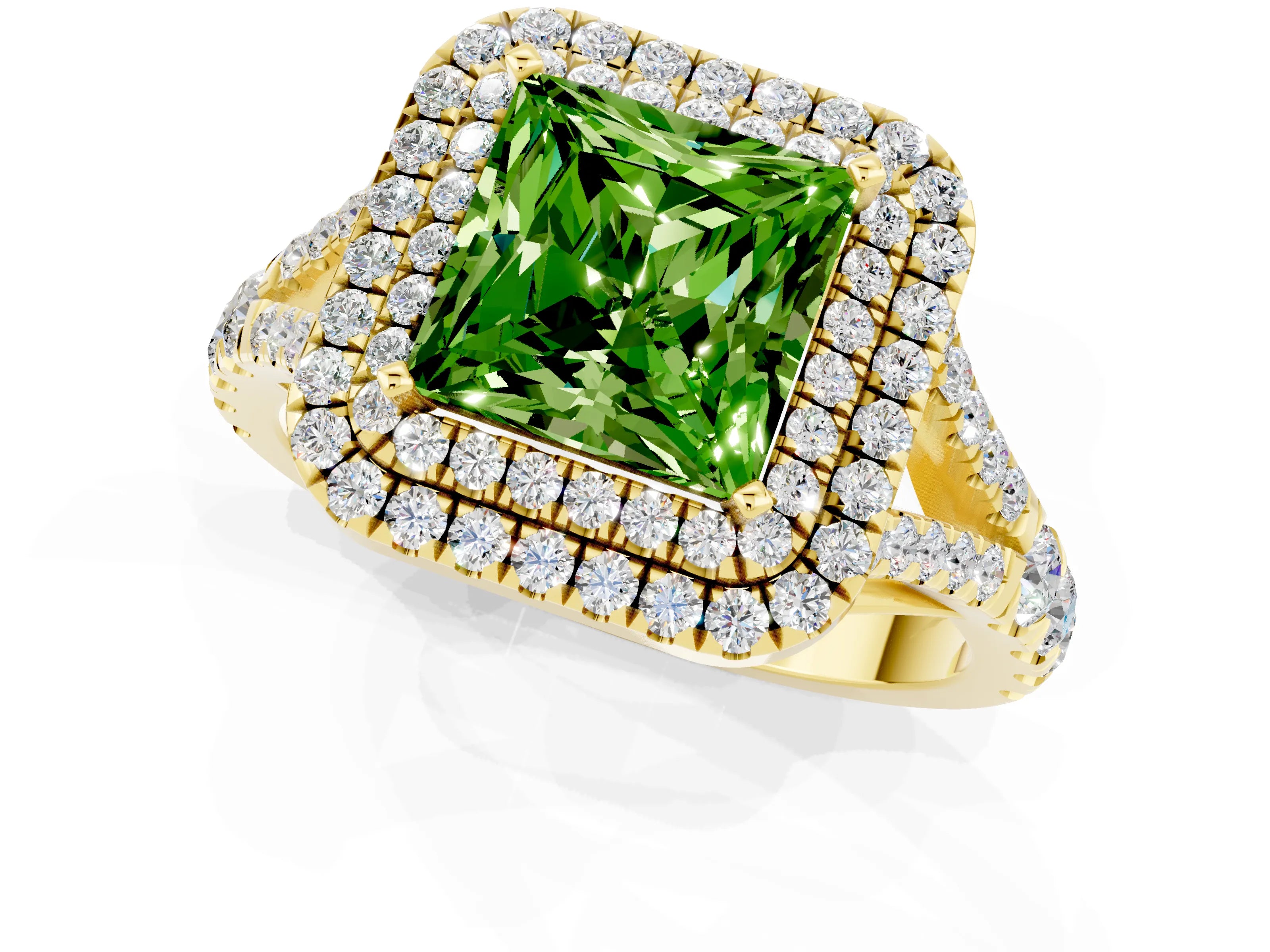 Yellow gold Double Halo Princess Cut Peridot Pavé Split Shank Ring with Prong Setting_1