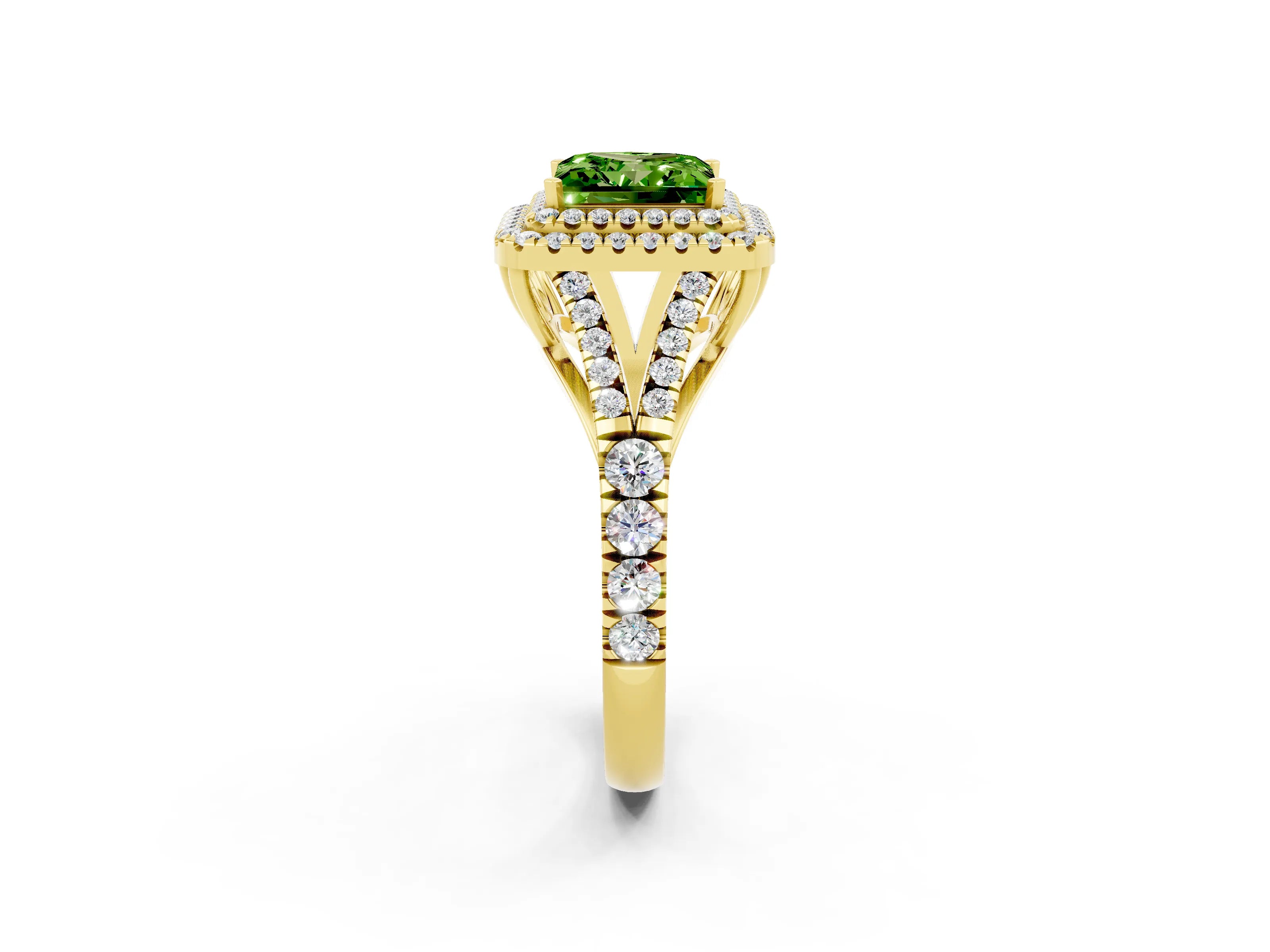 Yellow gold Double Halo Princess Cut Peridot Pavé Split Shank Ring with Prong Setting_2
