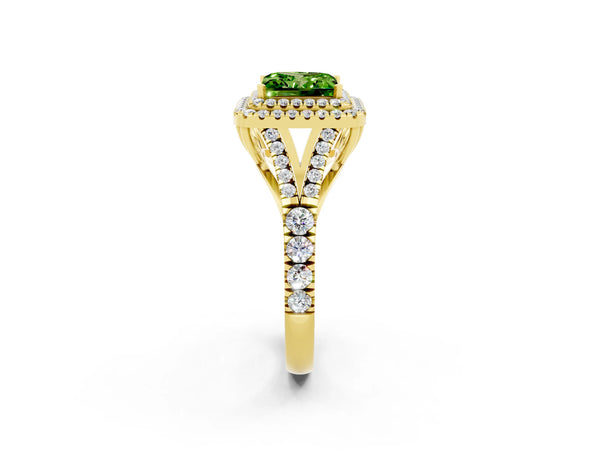 Yellow gold Double Halo Princess Cut Peridot Pavé Split Shank Ring with Prong Setting
