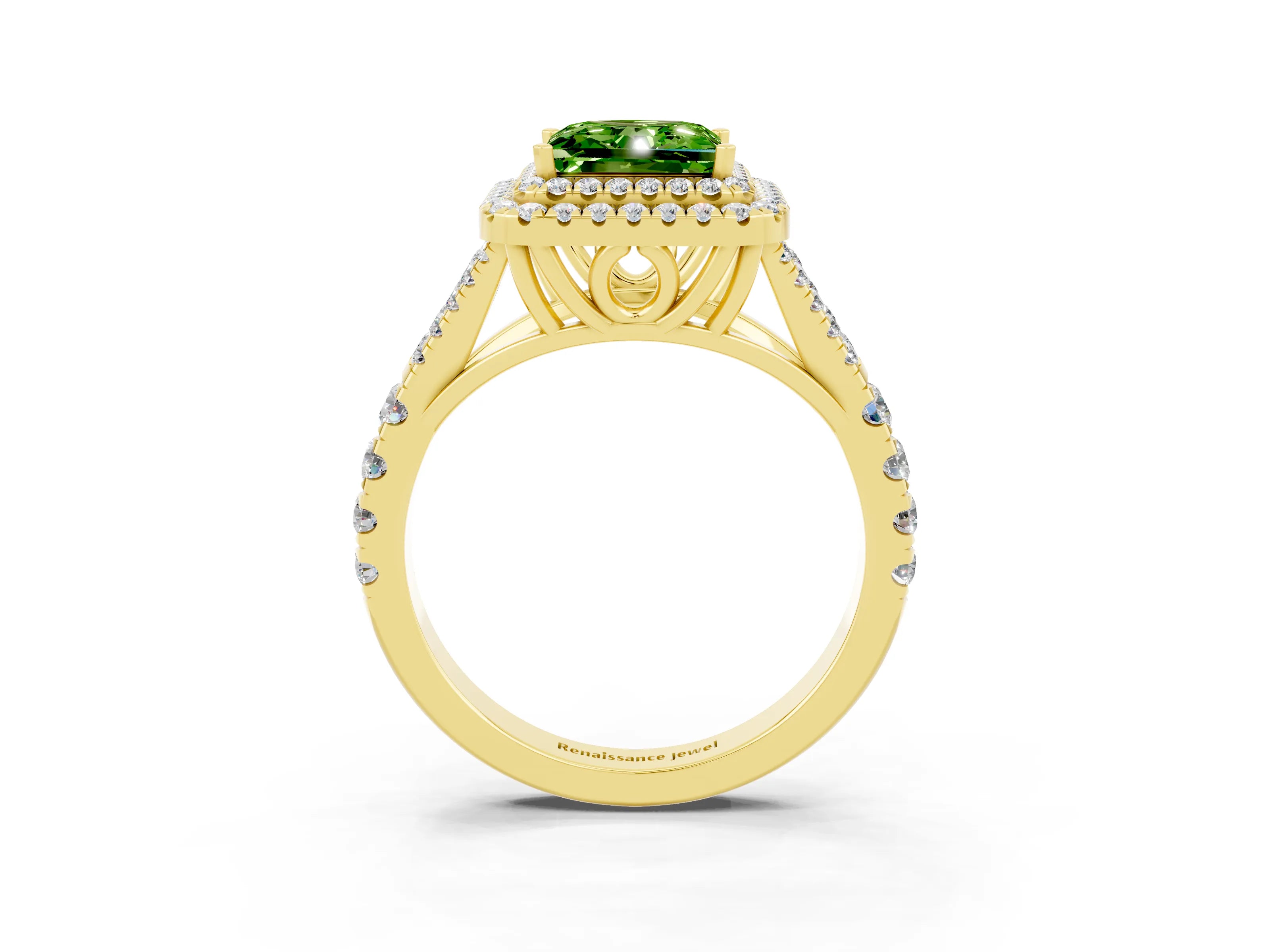 Yellow gold Double Halo Princess Cut Peridot Pavé Split Shank Ring with Prong Setting_3