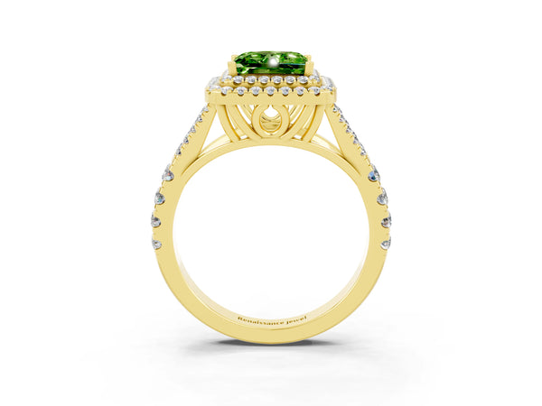 Yellow gold Double Halo Princess Cut Peridot Pavé Split Shank Ring with Prong Setting